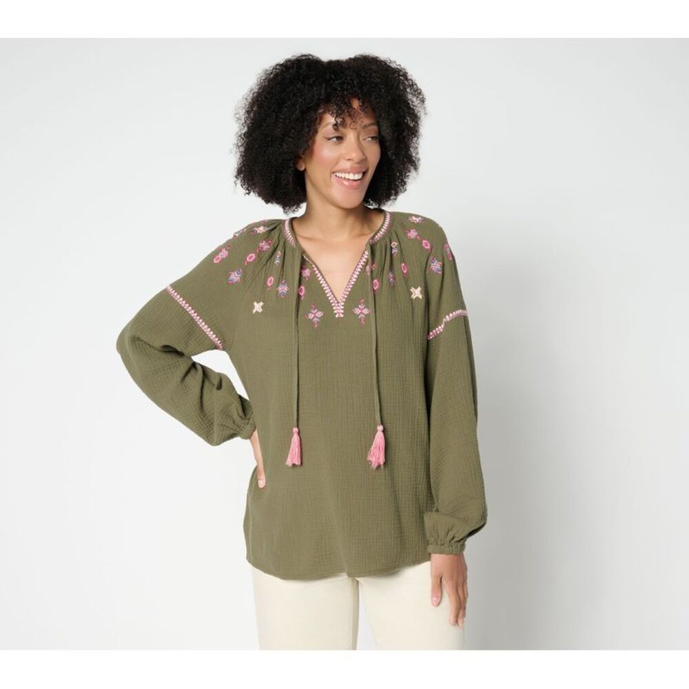 Christy Women's Top Sz L Summer Sunset Cotton Gauze Tassel Green